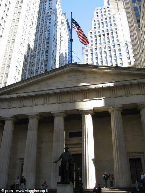 Federal Hall on Wall Street, American flag and Washington statue among skyscrapers
