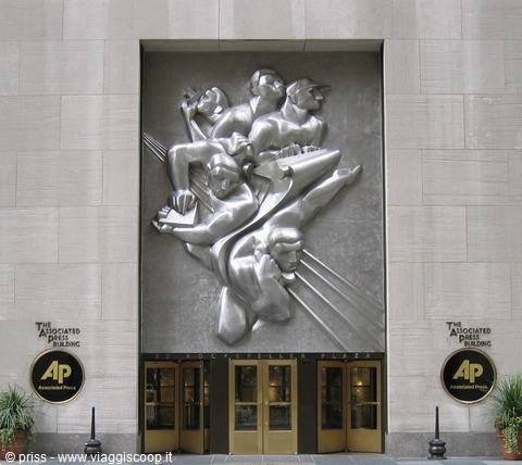 Stainless steel sculpture 'News' above the Associated Press Building entrance