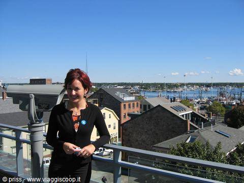 Woman beside a viewing telescope above rooftops toward the harbor