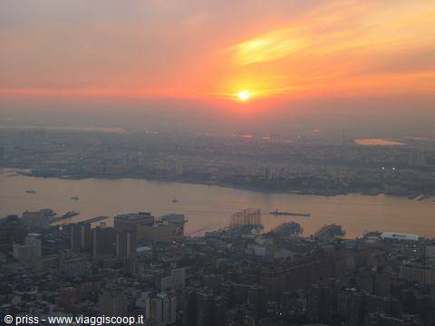 Orange sun setting behind the Hudson River and Manhattan skyscrapers