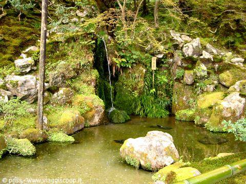 Piccola cascata e stagno muschioso nel giardino zen di Koyasan