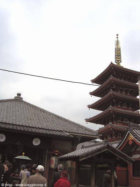 Visitors beneath tiled temple roofs at Senso-ji, Tokyo, five red tiers