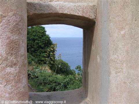 Pink stone window framing green trees and blue sea