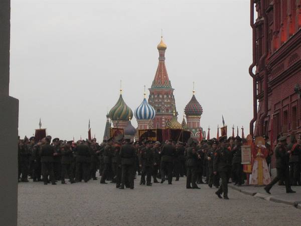 Soldiers marching on Red Square in front of Saint Basil's Cathedral
