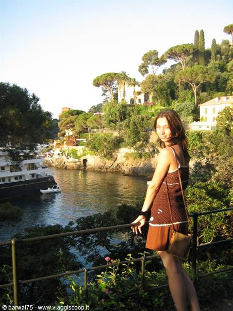 Girl leaning on railing above Portofino harbor with yachts and villas