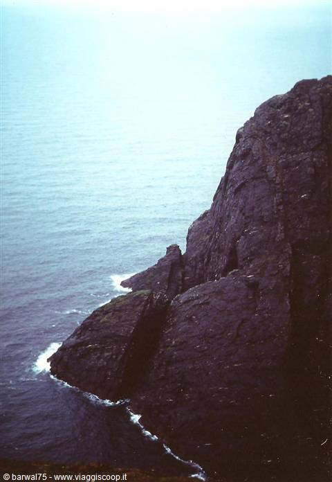 Dark rock cliffs plunge into the grey sea under mist