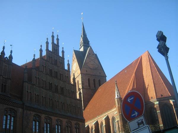 Brick Gothic facade of the Old Town Hall and Marktkirche spire, Hannover