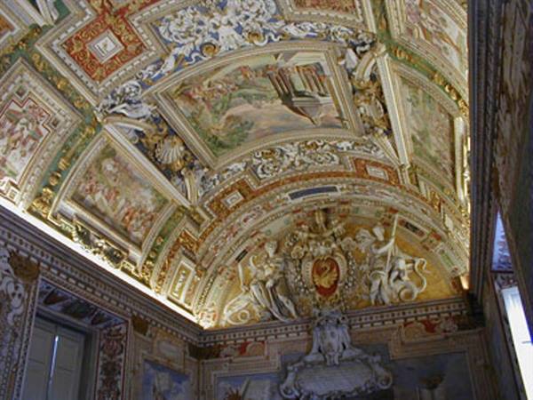 Frescoed vaulted ceiling with gilded stuccoes and framed painted scenes, Vatican