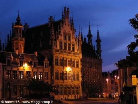 Gothic facade of Mechelen town hall lit by streetlamp at blue hour