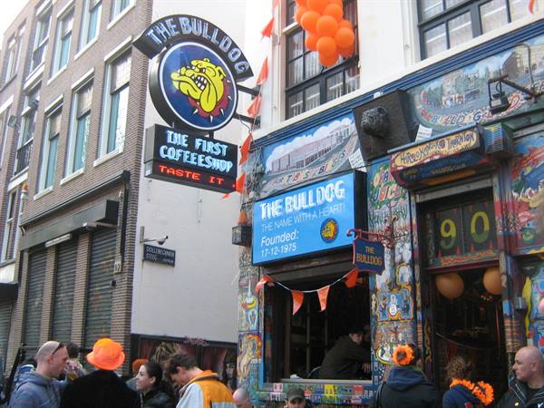 The Bulldog coffeeshop sign in Amsterdam, orange balloons and crowd on the street