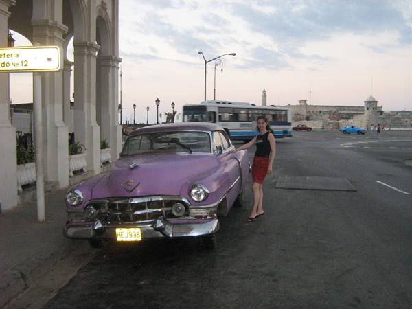 Woman next to a pink 1950s Cadillac on the Malecón, Havana