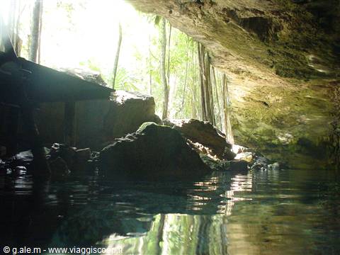 Dark water inside a limestone cave, roots and rocks lit by outside light