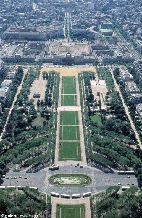 The Champ de Mars and École Militaire seen from above in Paris
