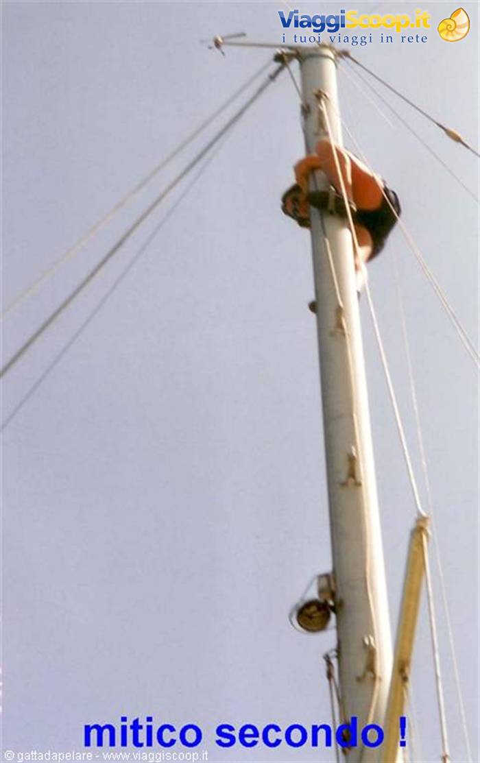 Man climbing the metal mast of a sailboat