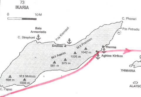 Tourist map of Ikaria island showing mountains, bays and pink sailing route