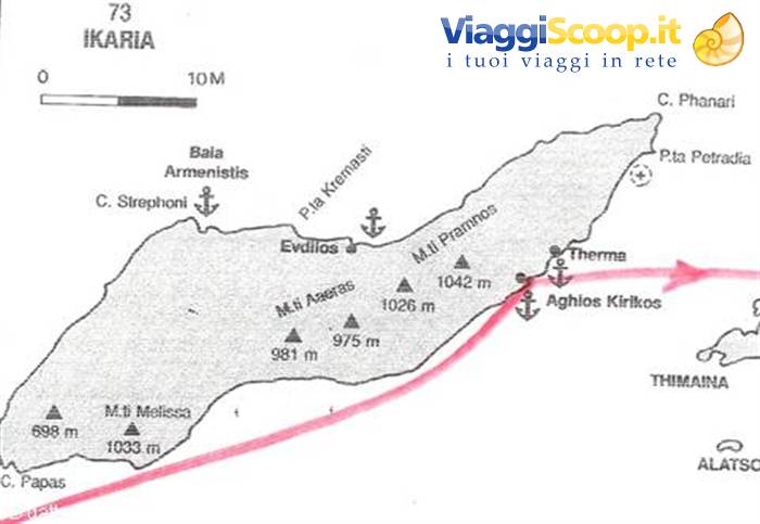 Tourist map of Ikaria island showing mountains, bays and pink sailing route