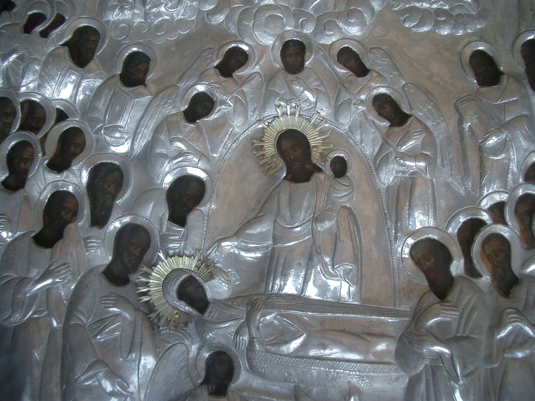 Silver bas-relief of the Assumption, Christ and apostles around the tomb