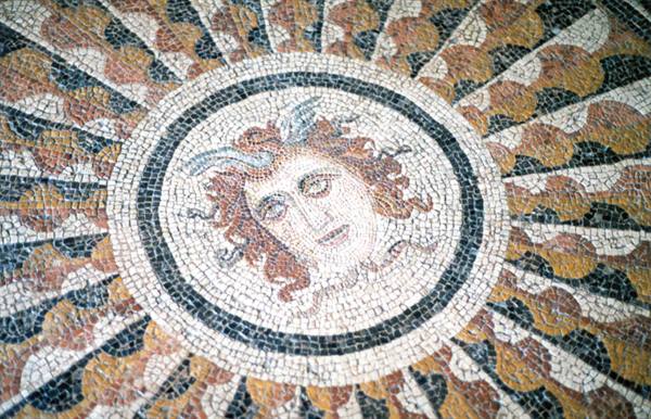 Roman mosaic with Medusa head at center, polychrome marble tesserae