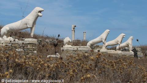 White marble lion statues on the Terrace of the Lions in Delos