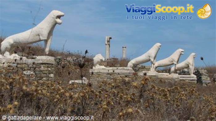 White marble lion statues on the Terrace of the Lions in Delos
