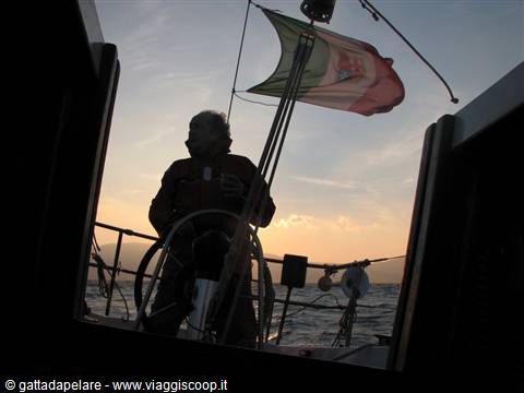 Helmsman silhouetted at the sailing boat's wheel, flag flying over the sea