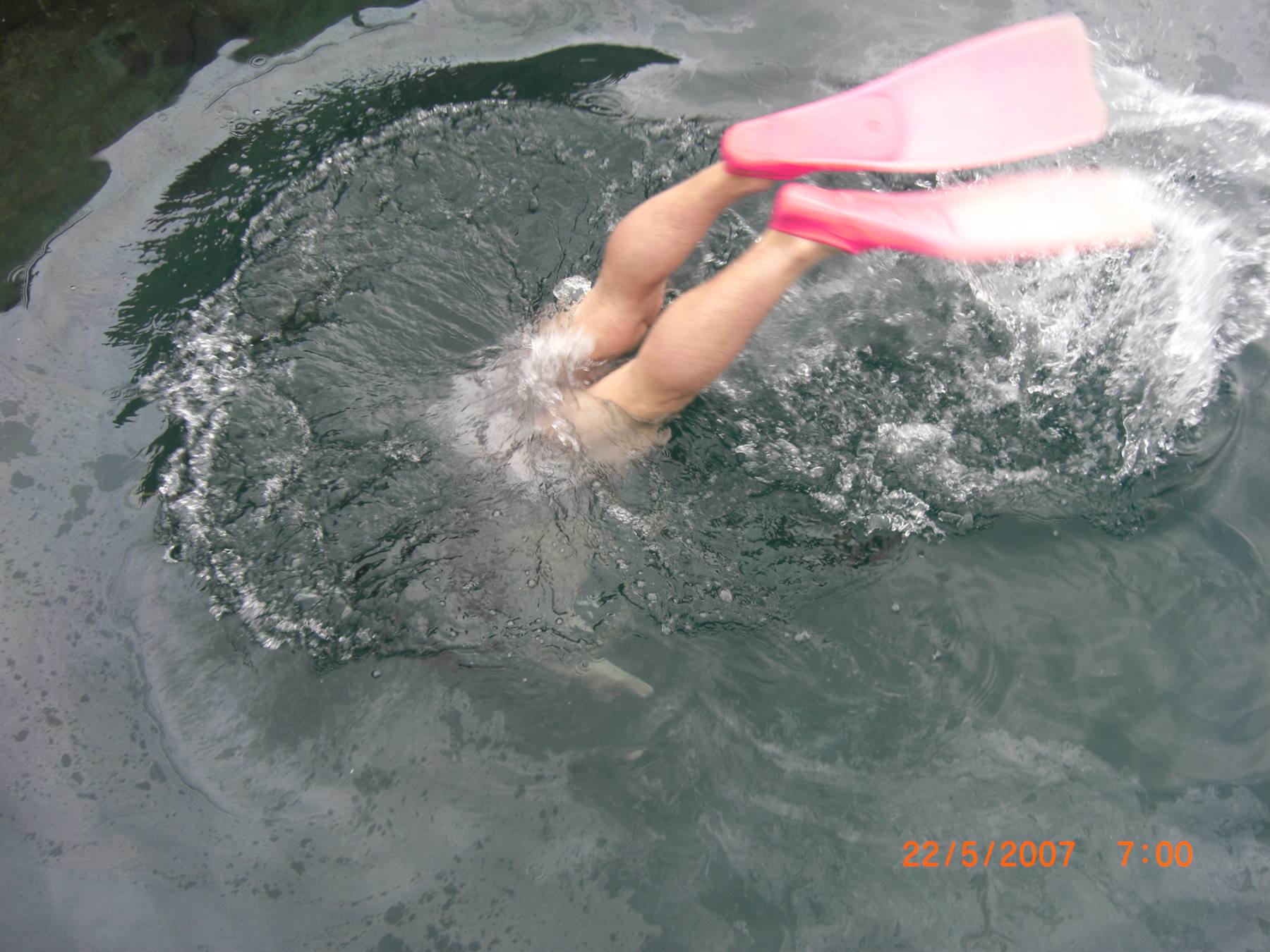 Swimmer with pink fins diving into dark water, splashing