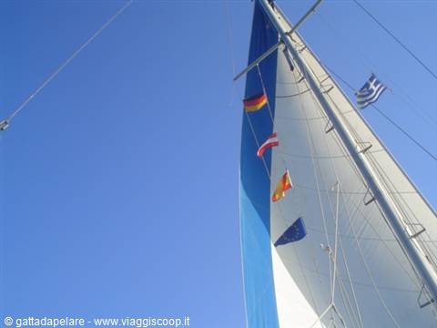 White and blue sail with international flags fluttering against clear blue sky