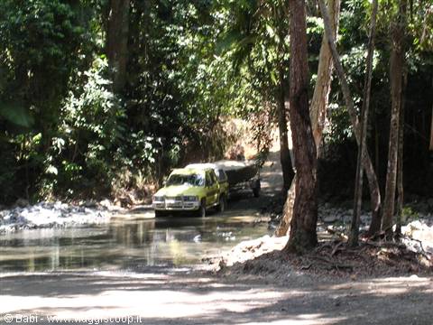 Yellow car crossing a muddy forest ford, towing a trailer