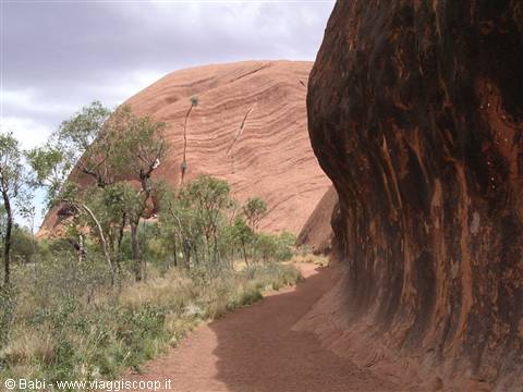 Sandy path between red rock walls and green outback scrub, Uluru