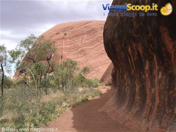 Sandy path between red rock walls and green outback scrub, Uluru