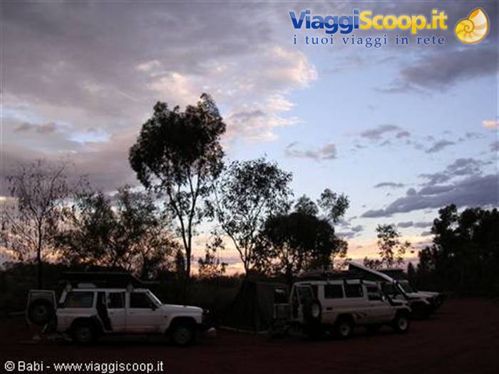 Camper four-wheel drives parked at camp among Australian trees under evening clouds