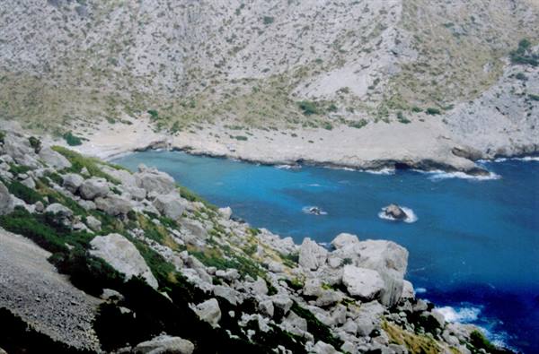 Rocky cove with turquoise water among boulders and Mediterranean scrub in Mallorca