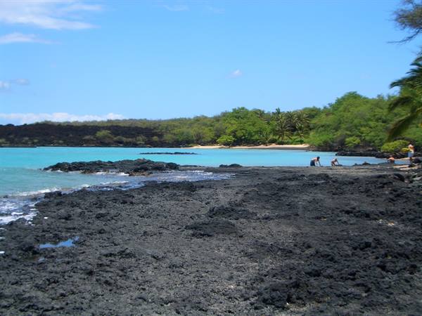 Black lava beach with turquoise water, people sitting near palm trees