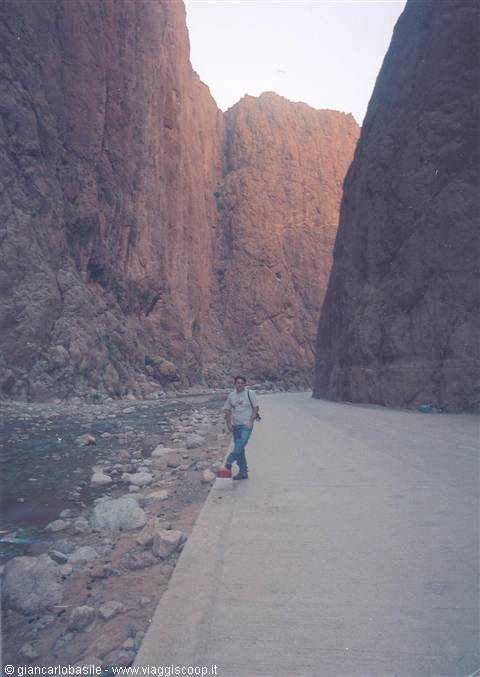 Man in jeans walks on paved road through Todra Gorge, red rock walls