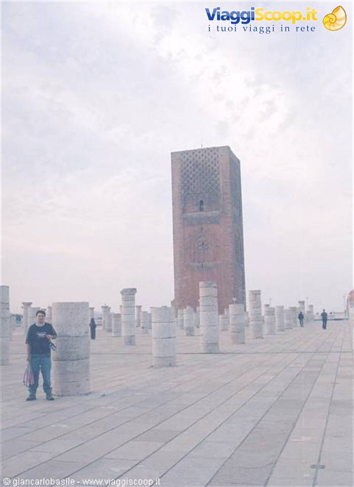 Tourist among Hassan Tower columns, pale stone under cloudy sky