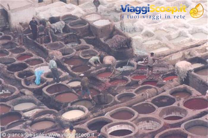 Workers tending dyeing vats at the Fès tanneries