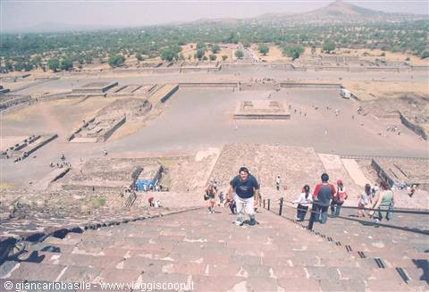 Teotihuacan: tourists descending the Moon Pyramid stairs toward the Avenue of the Dead
