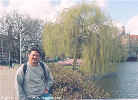 Smiling guy with backpack beside a weeping willow along Amsterdam canal