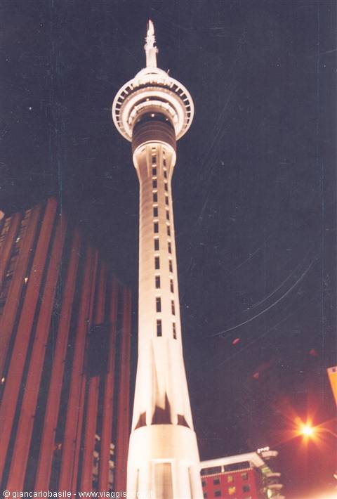 Auckland Sky Tower lit up at night among city skyscrapers