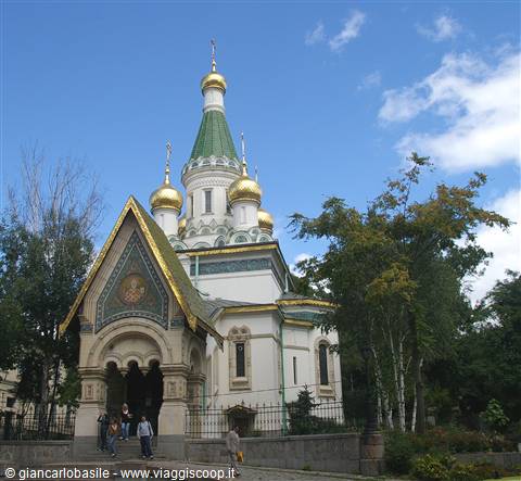 Russian church of St Nicholas in Sofia, golden domes, visitors at the entrance