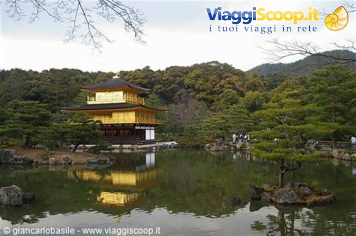 Golden pavilion of Kinkaku-ji in Kyoto reflected in a pond among pines