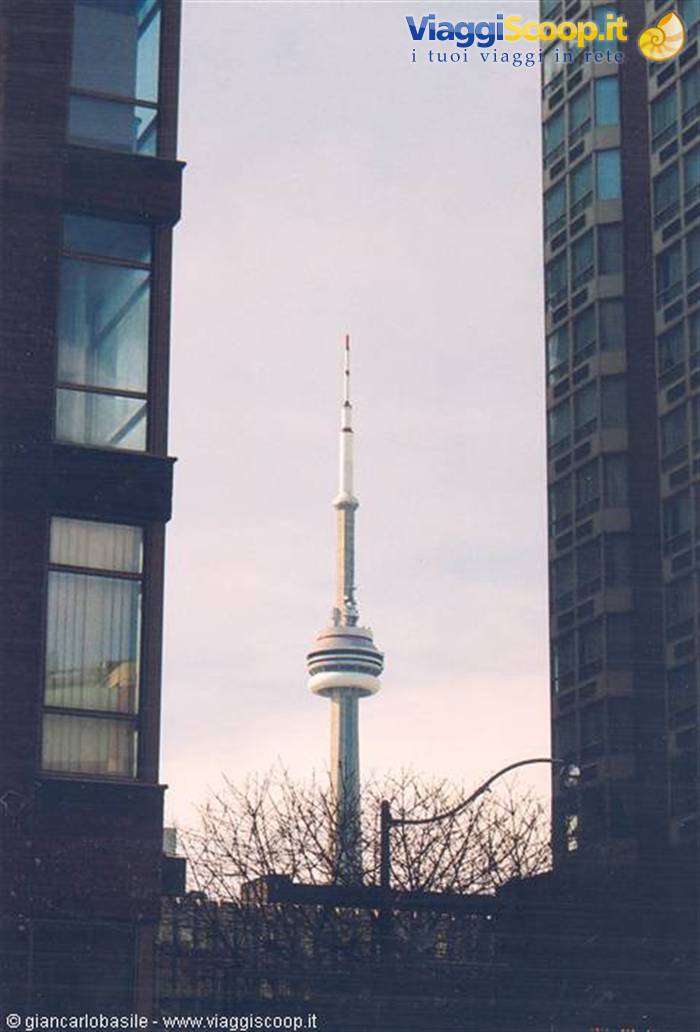 Toronto's CN Tower framed between brick skyscrapers under a grey sky