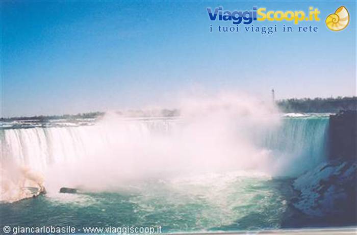Niagara Falls with white mist over turquoise water, clear blue sky