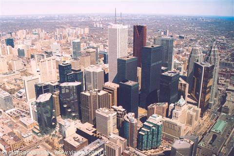 Toronto skyscrapers seen from CN Tower in daylight