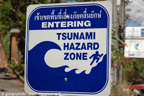 Blue sign with wave and fleeing figure: entering tsunami hazard zone