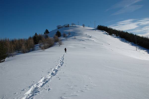 Person walks on snow leaving footprints toward a snowy hill