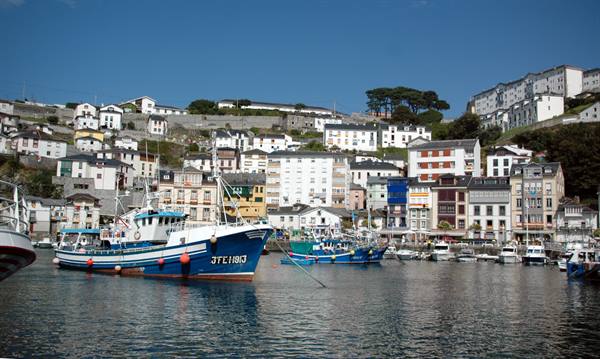 Blue fishing boats moored in Luarca harbor, colorful houses on the hillside