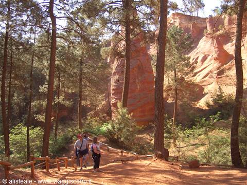 Hikers walk among pines and red ochre cliffs in Roussillon