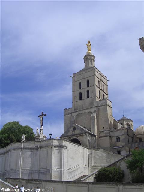 Avignon Cathedral with the golden Virgin statue atop its stone tower